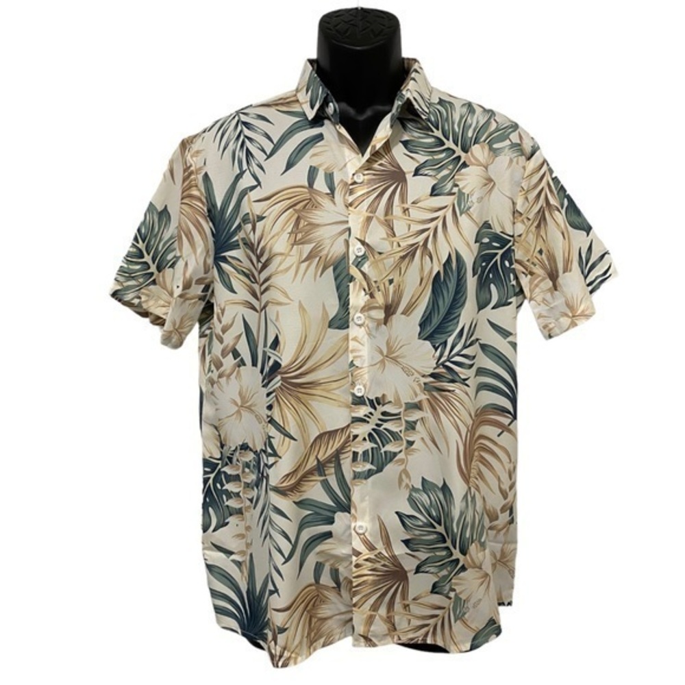 Tan & Green Floral Leaf Print Short Sleeve Button Down Collar Shirt Size Medium